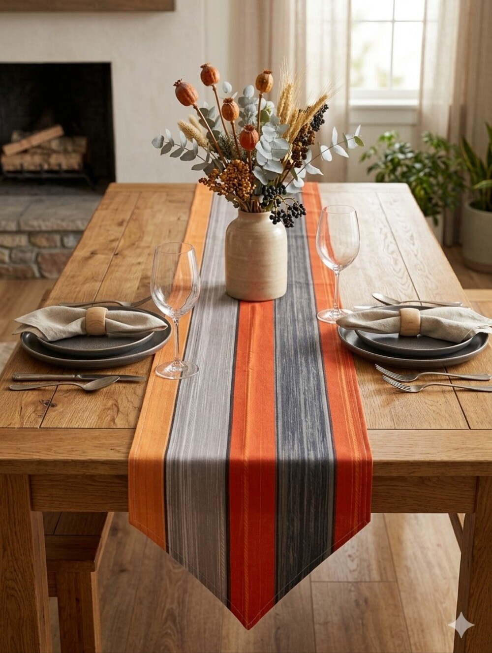 Burlap 108" Long Angle Tip Orange Silver Gray Charcoal Colors - Table Runner NWT